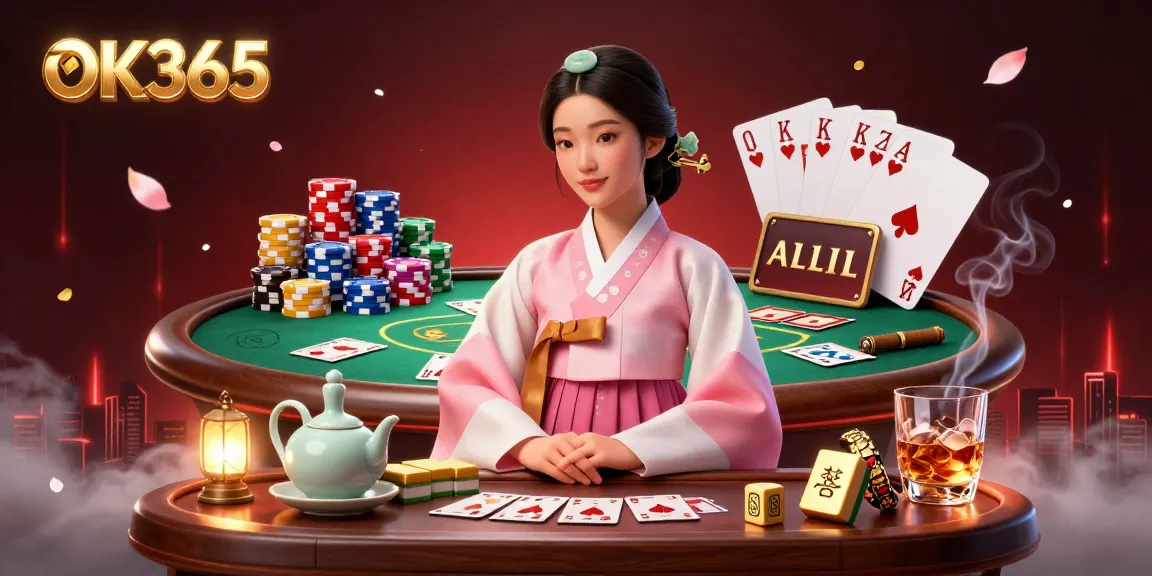 Experience high-stakes poker action with OK365 featuring a serene Asian woman and vibrant casino elements.