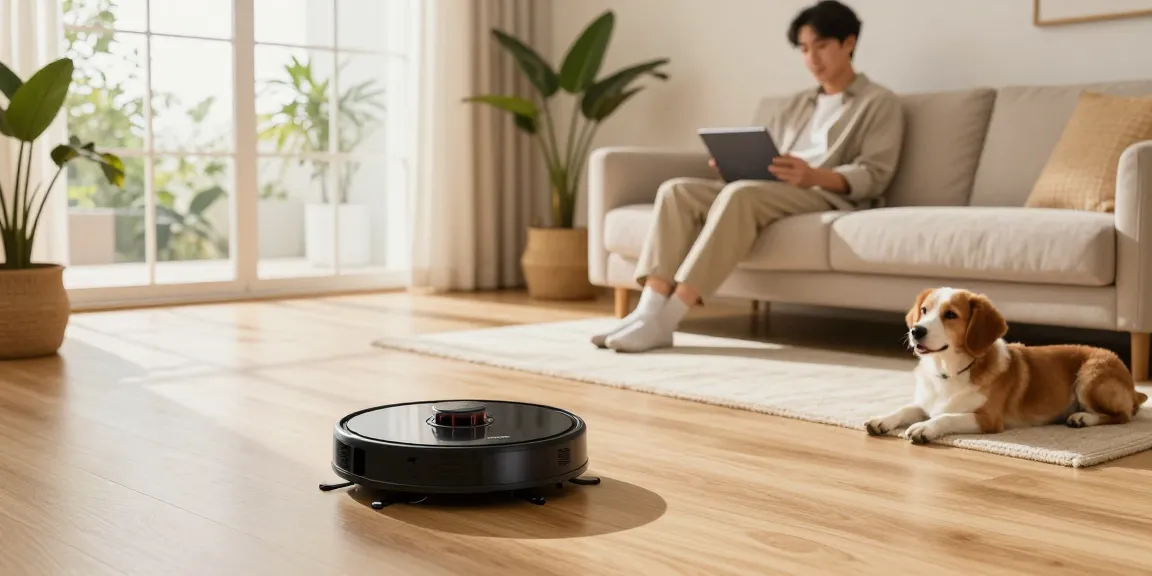 Robot vacuum 2026 effortlessly cleaning a contemporary living room while a user observes, showcasing modern home convenience.