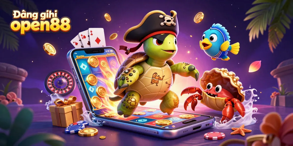 Experience the excitement of Đăng ký open88 while playing colorful slot games with a pirate turtle in a vibrant 3D scene.