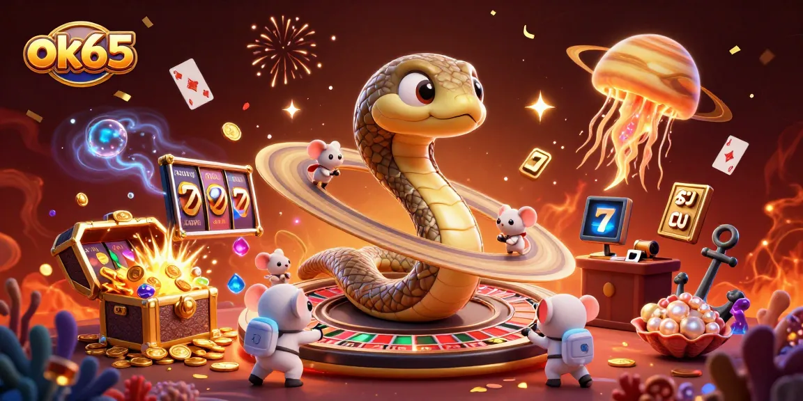 Bettors engage with the ok65 casino scene featuring a Saturn ring snake roulette wheel and vibrant gaming elements.