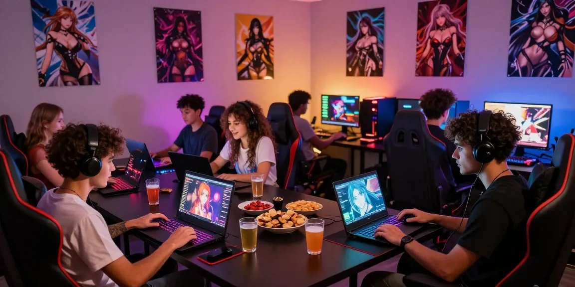 Group enjoying multiplayer lewdspot games in vibrant gaming lounge.