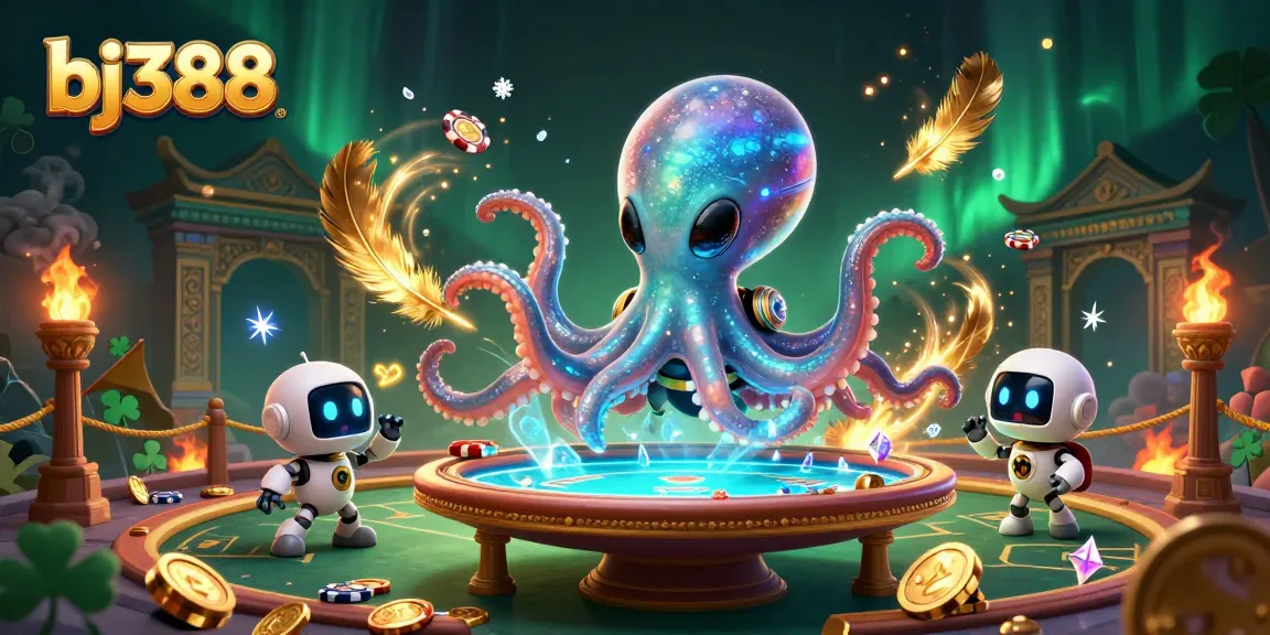 Experience thrilling life at bj388 with an alien octopus managing a high-stakes poker game in ultra-detailed 3D art.