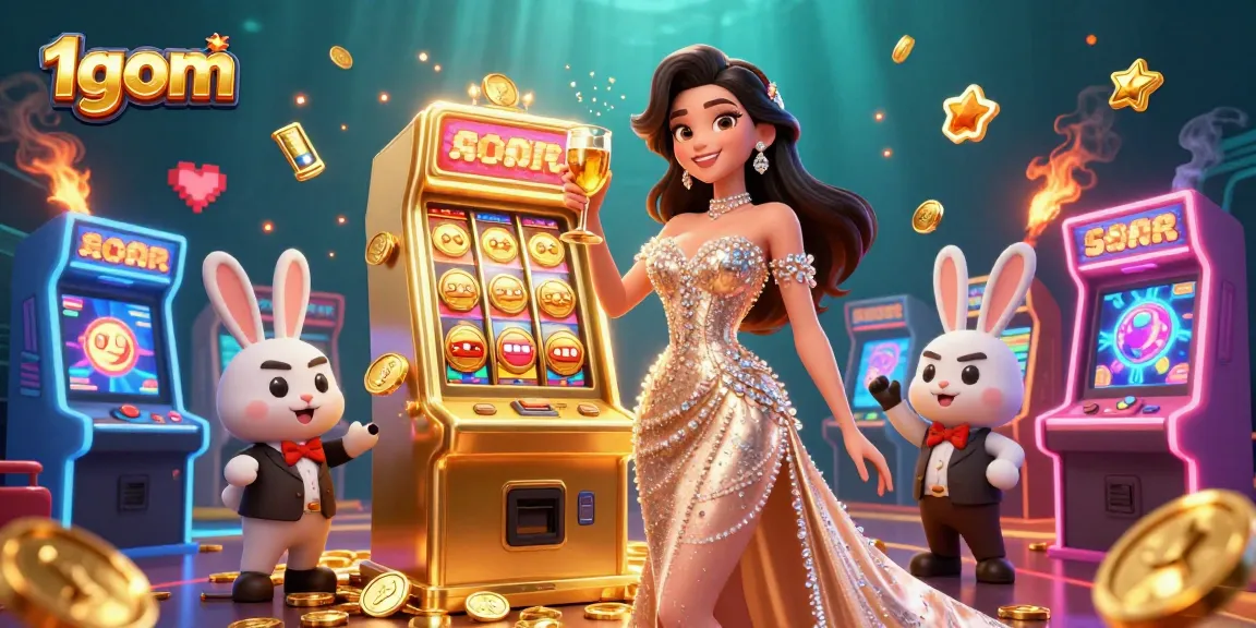 Experience thrilling wins at 1gom with a stunning woman celebrating beside a jackpot slot machine.