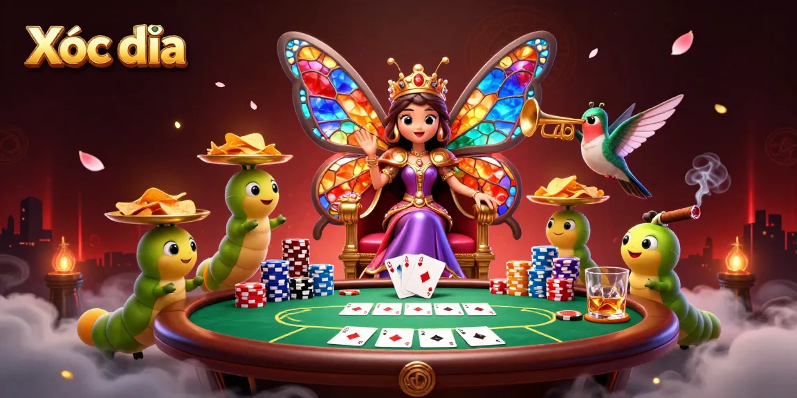 Xóc đĩa gameplay with a butterfly queen and colorful poker chips in a vibrant casino scene.