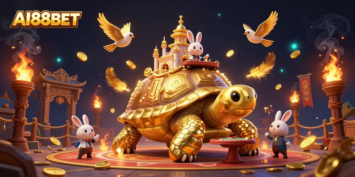 Win big at AI88BET with a vibrant cartoon scene of a golden tortoise casino, dealers, and flying coins.