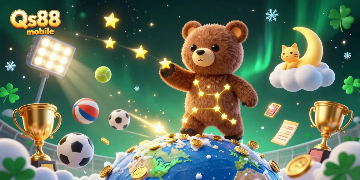 Engage with Qs88 mobile gaming experience featuring a constellation bear and dynamic casino elements.