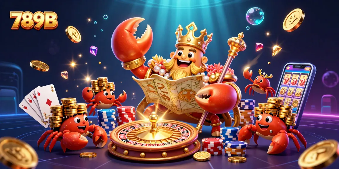 Experience the exciting world of gambling with the 789B royal crab emperor amidst flying coins and colorful poker chips.