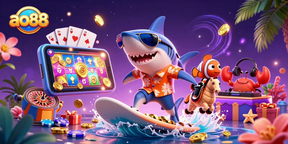 Experience the thrill of ao88 with a whimsical underwater casino scene featuring vibrant characters and games.