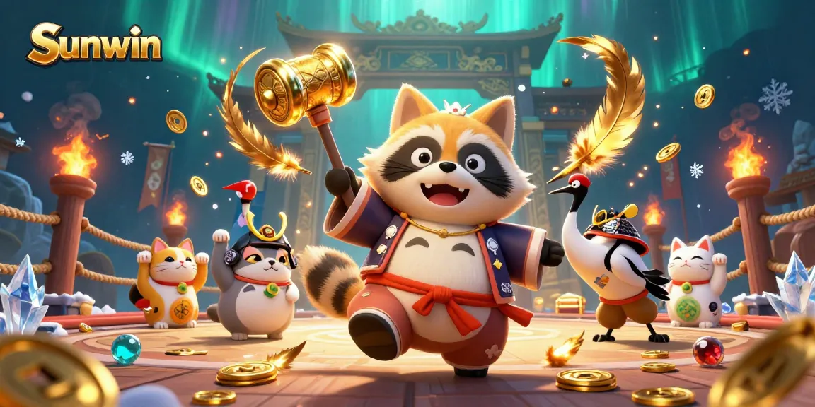 Join the excitement at Sunwin with a cheerful tanuki and game elements in a vibrant scene.