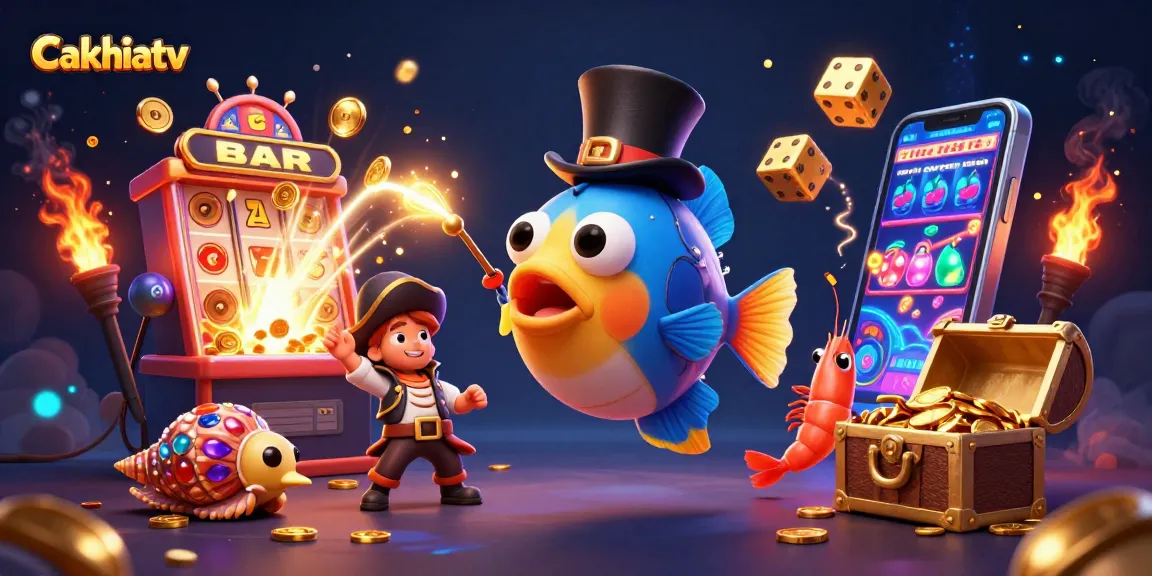 Cakhiatv showcases an exciting underwater theme featuring glowing coins being attracted by a charming anglerfish, encapsulating casino energy.