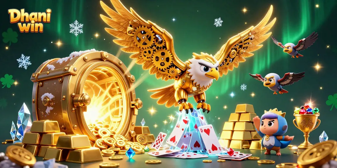 Experience thrilling gameplay as Dhani win's golden eagle dives through a cascade of cards and treasures.