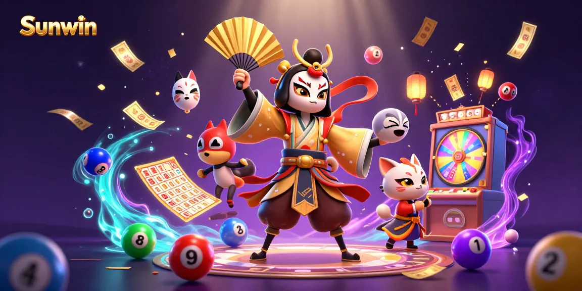 Engage with Sunwin's vibrant gaming world, featuring a kabuki warrior crane and kitsune in a colorful casino scene.
