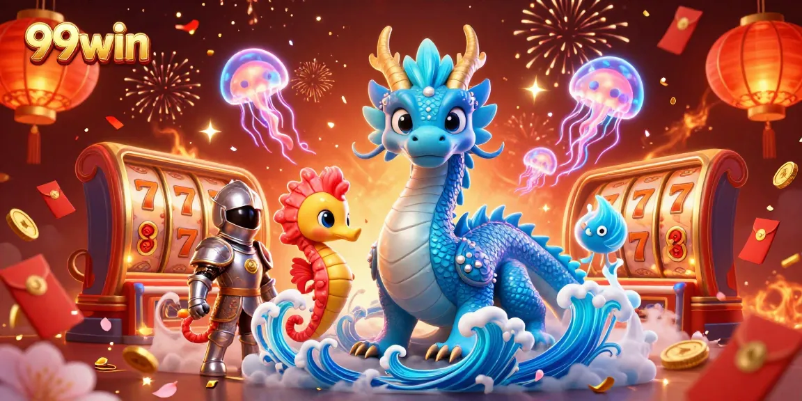 Experience thrilling wins at 99win as the azure water dragon and seahorse knight celebrate vibrant casino victories.