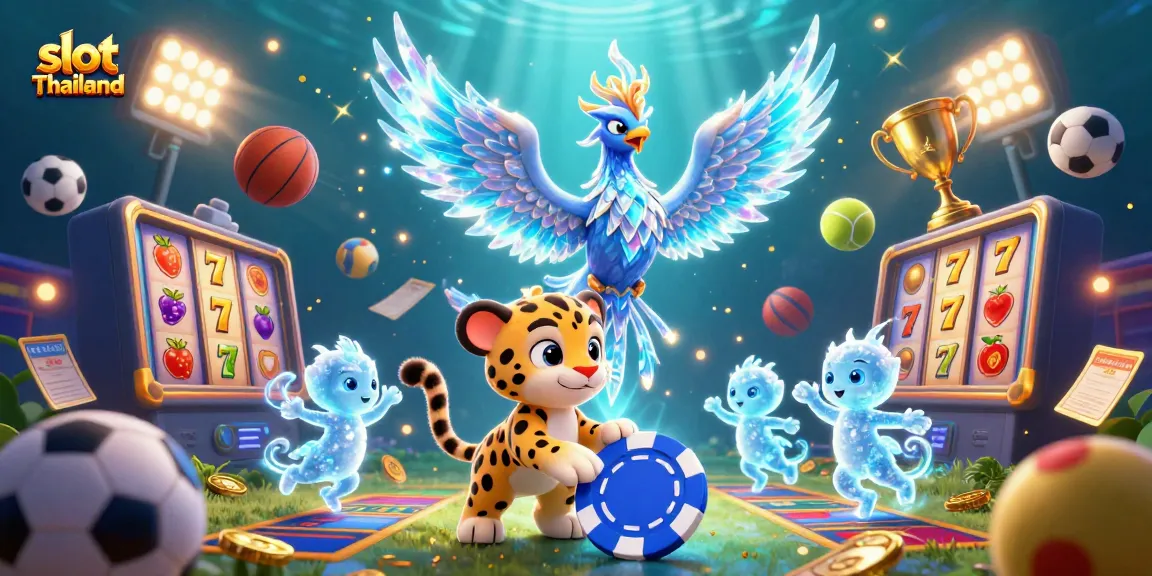 Slot Thailand menampilkan phoenix es dan harimau salju bermain chip poker di latar belakang kasino digital.