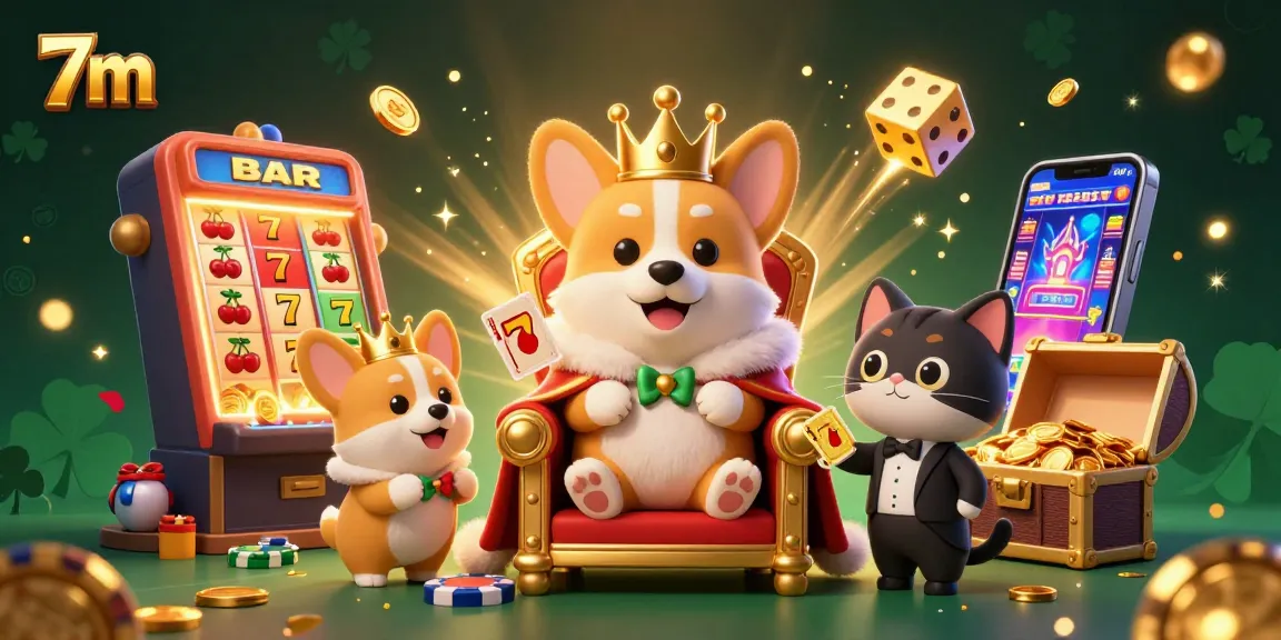 Experience thrilling gaming at 7m with a corgi king amidst jackpots and vibrant casino action.