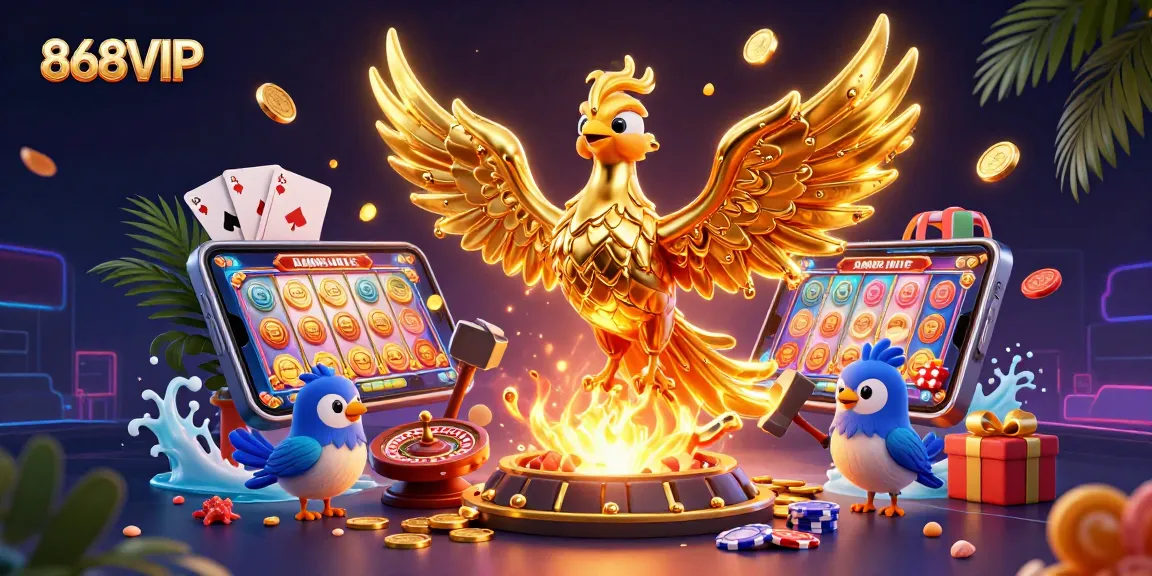Experience thrilling gameplay at 868VIP with golden coins exploding from slot games and vibrant casino imagery.
