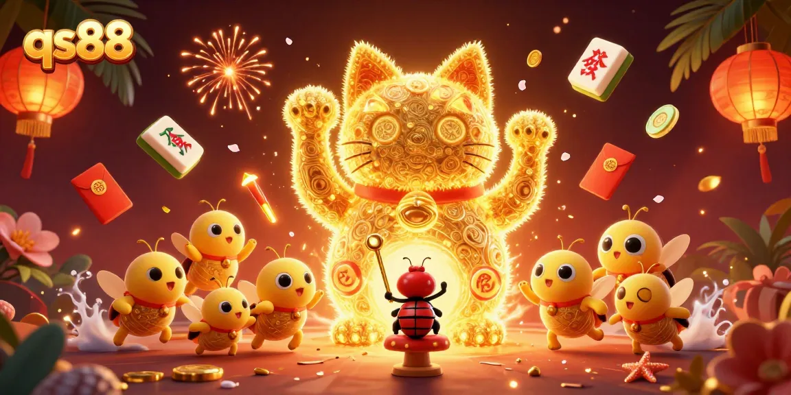 Engage with qs88's thrilling casino experience represented by golden fireflies and lucky symbols.