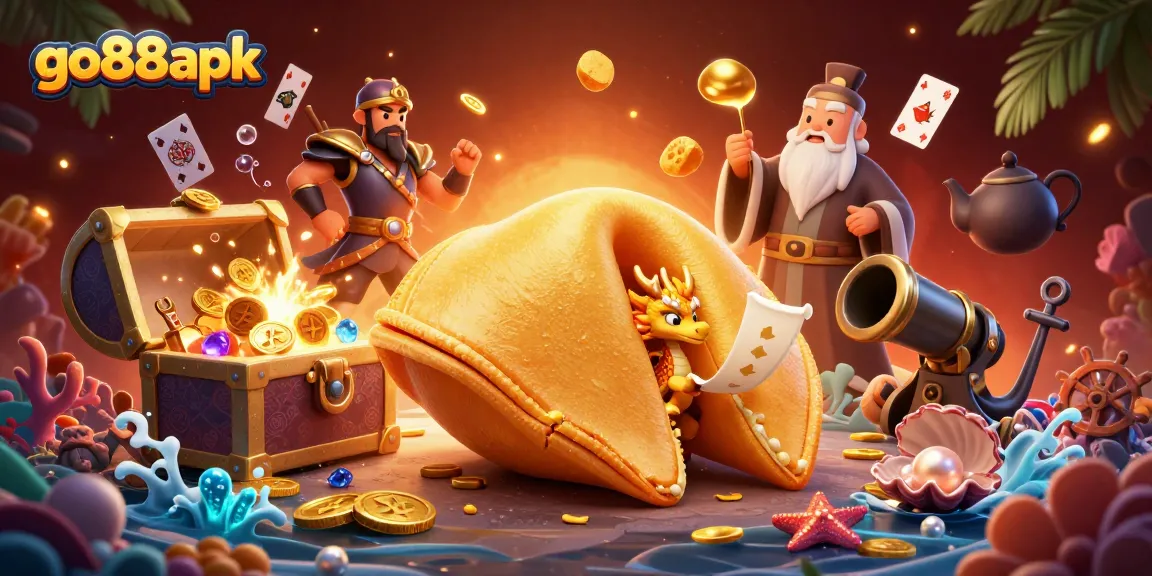 Engage with the vibrant fun in go88apk as a wise dragon explores fortune cookies amidst treasure.