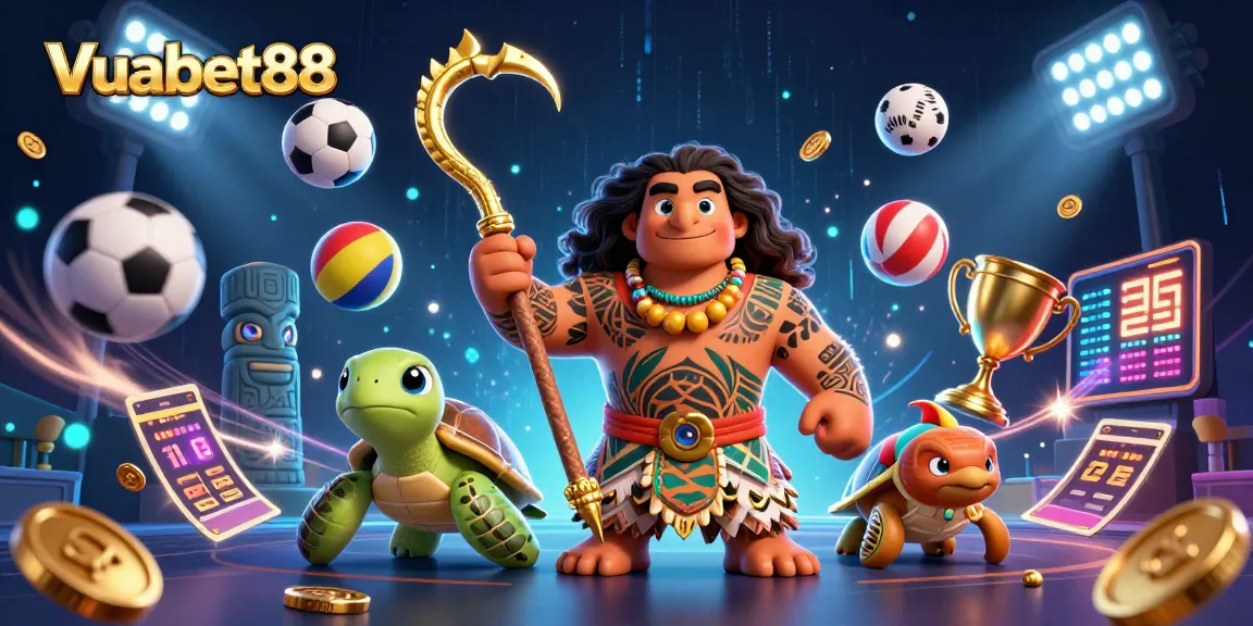 Vuabet88 showcases a vibrant 3D scene with a demigod and gaming elements, bringing excitement to bettors.