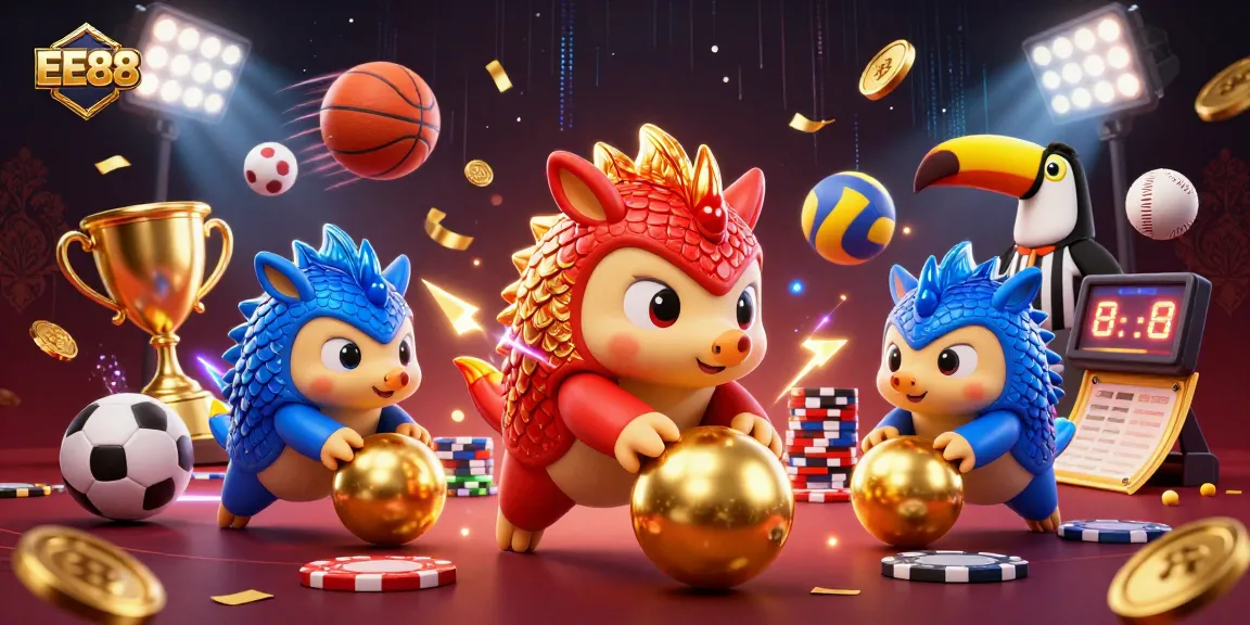 EE88 pangolins in colorful armor roll through poker chips amid sports action.