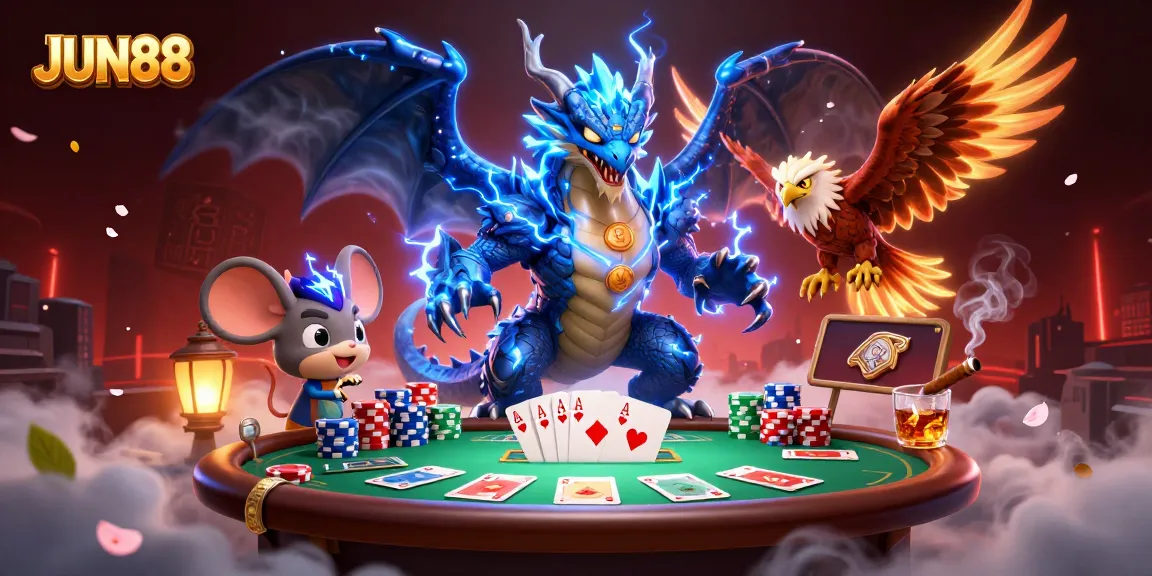 Engage in thrilling gameplay with JUN88's dynamic casino illustration featuring poker elements and vibrant characters.