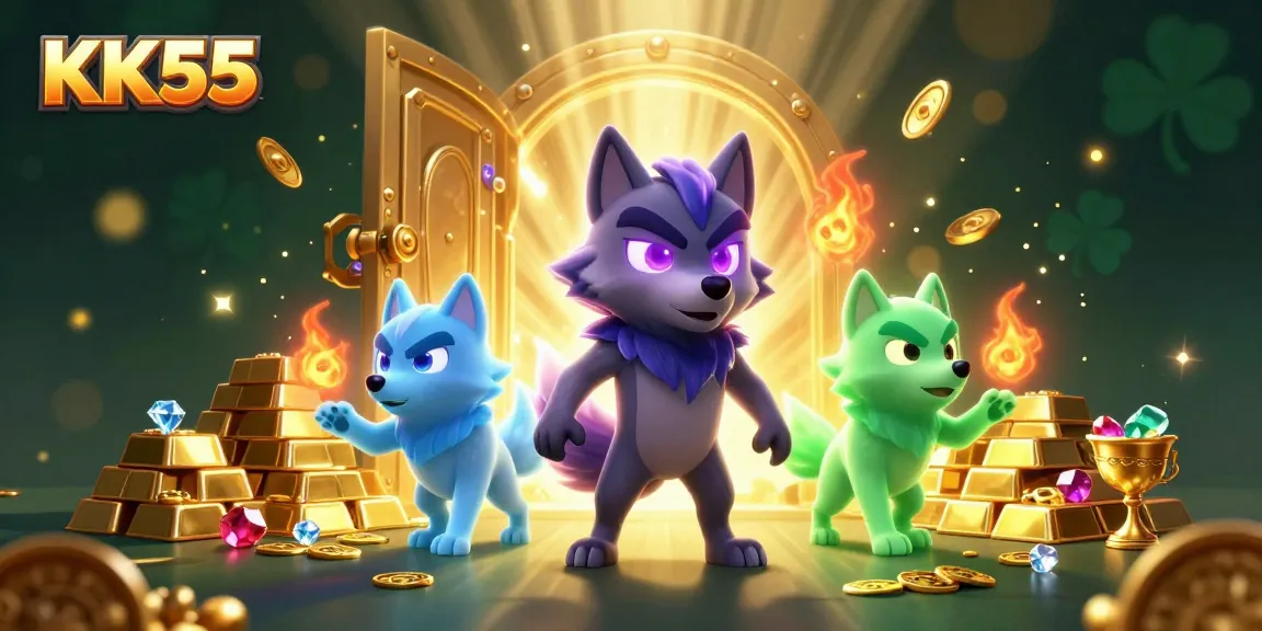 KK55 showcases an exciting casino scene with spectral wolves and golden treasures illuminating the gaming atmosphere.