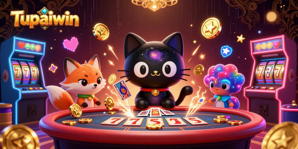 Tupaiwin casino featuring cartoon characters like a black hole cat and a nebula fox surrounded by vibrant gaming elements