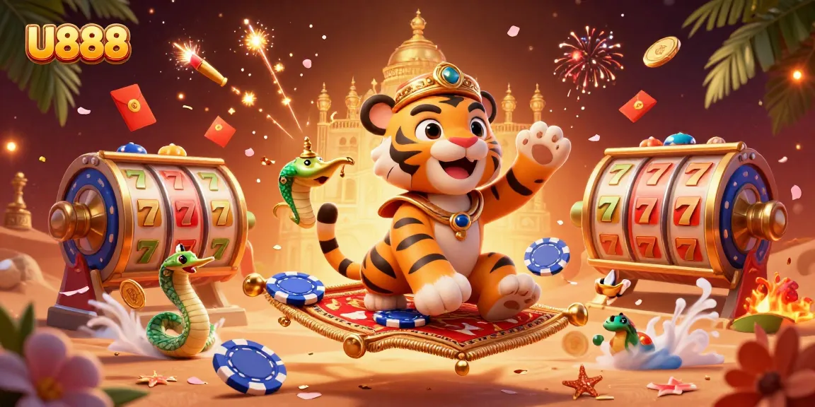 Experience the thrill of U888 with lively casino elements and iconic characters in a vibrant 3D scene.