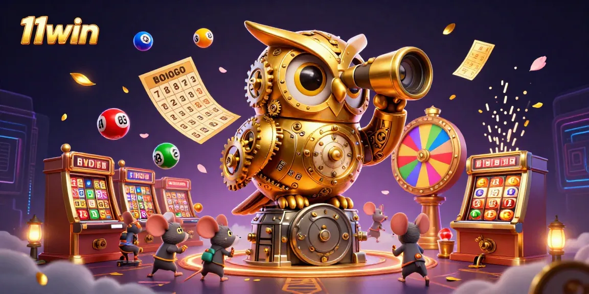 Experience the vibrant gaming scene of 11win with an illustrated casino featuring colorful lottery elements.