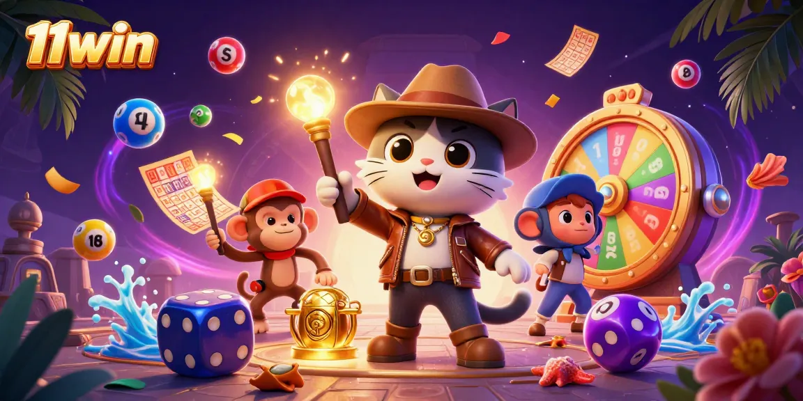 Experience the excitement at 11win with an illustrated treasure hunt in a casino-themed temple.