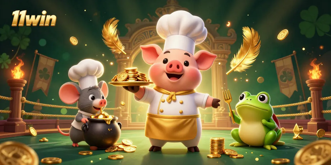 Experience the thrill of 11win with a vibrant casino scene featuring chef characters and rich visual elements.