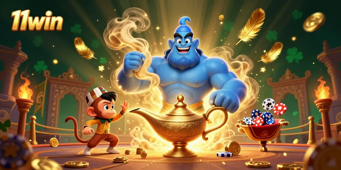 Engage with the enchanting world of 11win featuring a genie, monkey, and magic carpet in a vibrant casino scene.