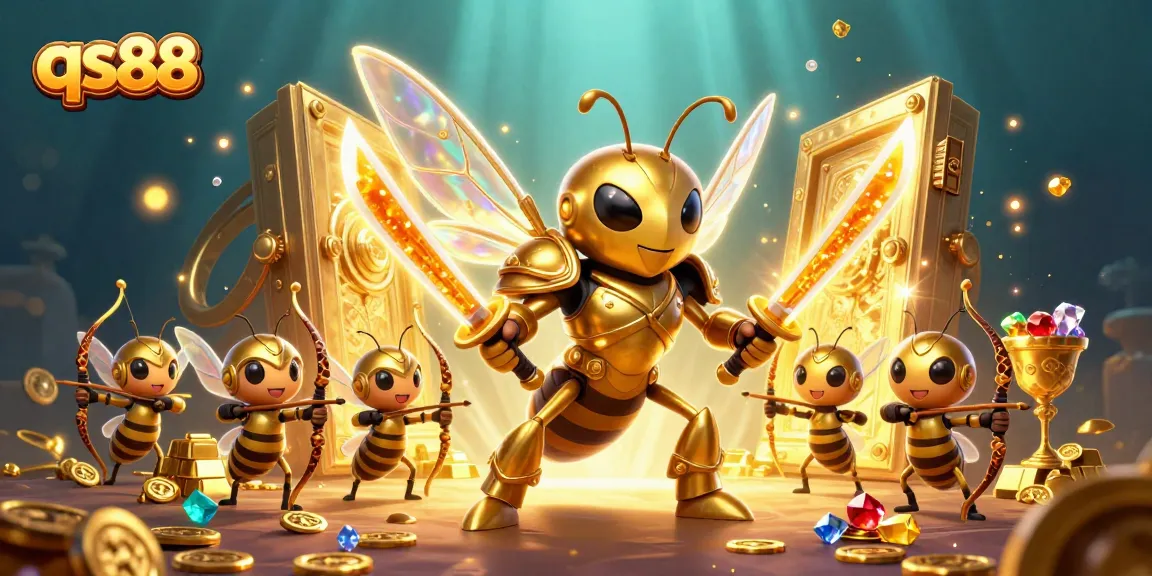 Engage in thrilling gameplay at qs88 with dynamic treasures, game symbols, and vibrant energy surrounding characters.