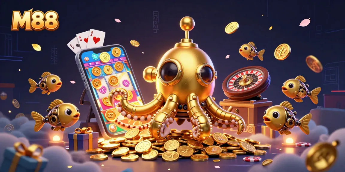 M88 casino gaming action featuring a golden kraken submarine and slot game excitement among coins