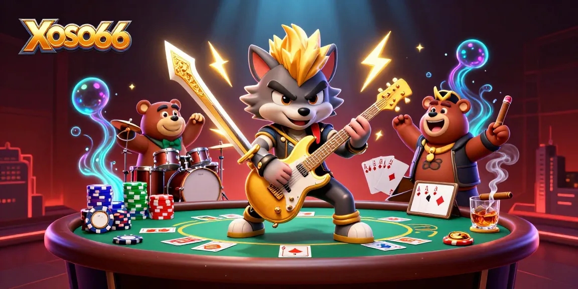 XOSO66 showcases vibrant 3D casino illustration with energetic wolf and bear characters in action.