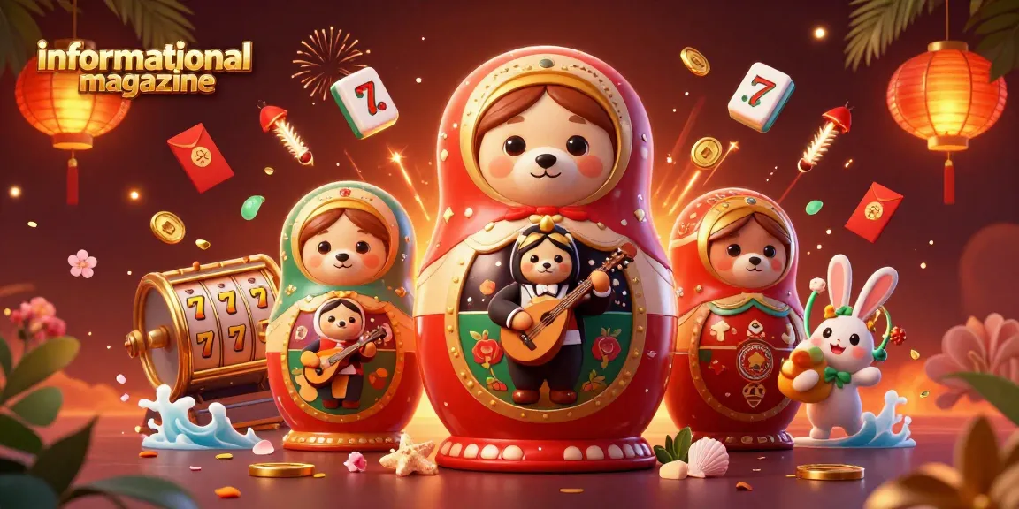 Engage with this vibrant informational magazine scene featuring Russian Matryoshka bears in a casino setting.