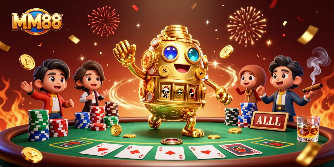 Experience the excitement of MM88 with a vibrant casino scene showcasing a golden golem, poker elements, and festive energy.