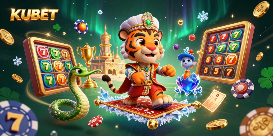 KUBET presents an exciting Arabian-themed casino illustration featuring a sultan, a genie, and dynamic slot game elements.