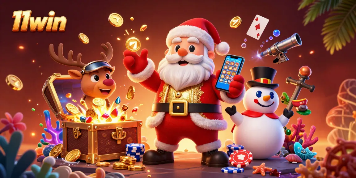 Experience thrilling jackpots at 11win with Santa Claus and friends in a vibrant casino scene.