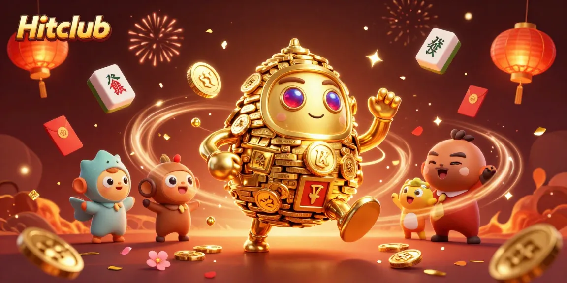 Spin the reels at Hitclub with a vibrant, dynamic casino illustration featuring a golden golem and festive elements.