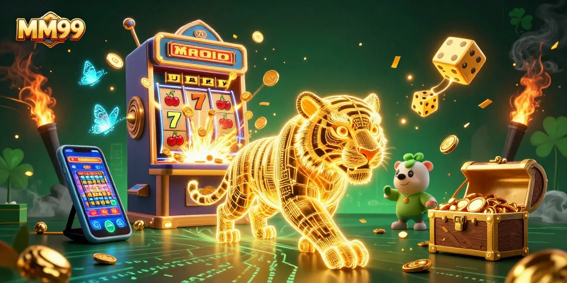 Engage with MM99's vibrant casino world featuring a golden tiger and jackpot excitement.