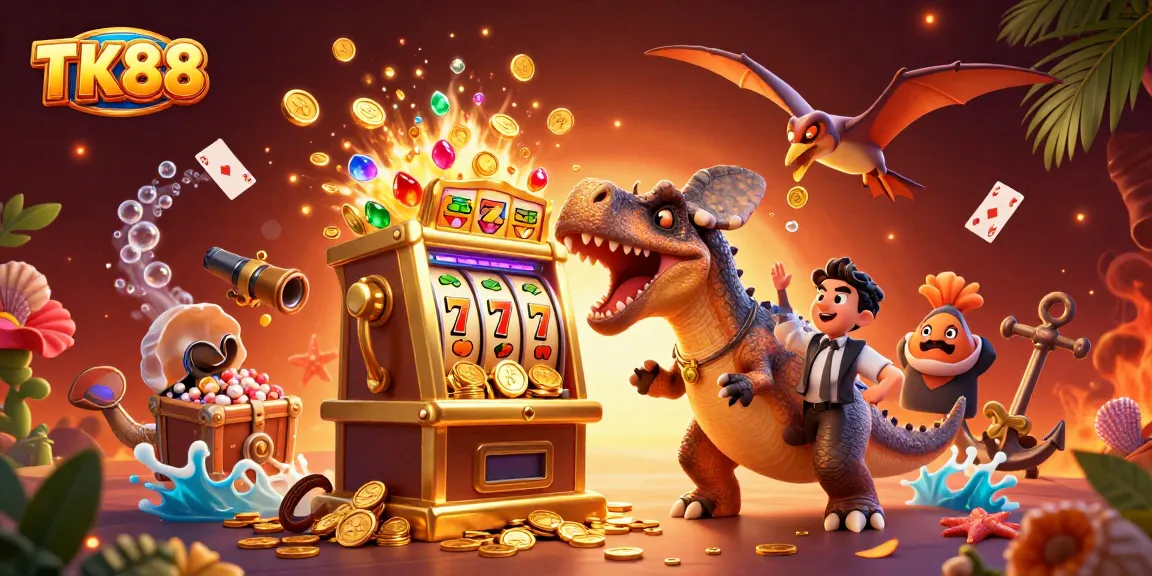 TK88 celebrates big wins as a pachycephalosaurus triggers a jackpot in an exciting casino scene.