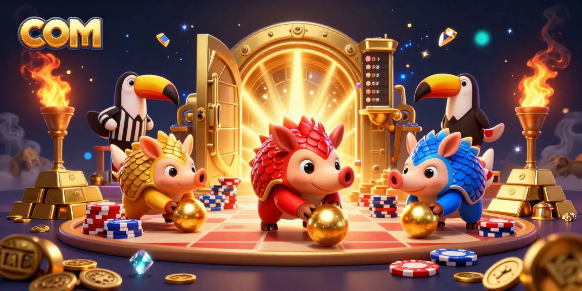 Celebrate wins at com with cartoon pangolins bowling through poker chips in a thrilling casino scene.