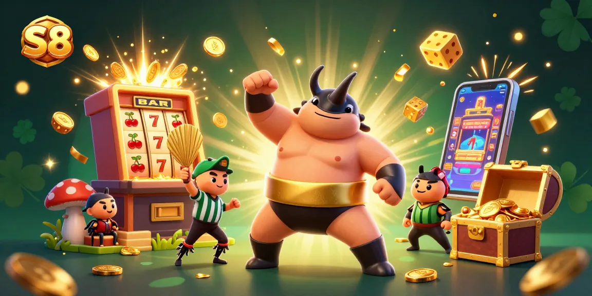 S8 players experiencing a thrilling jackpot with animated slot machines surrounded by golden coins and vibrant visuals