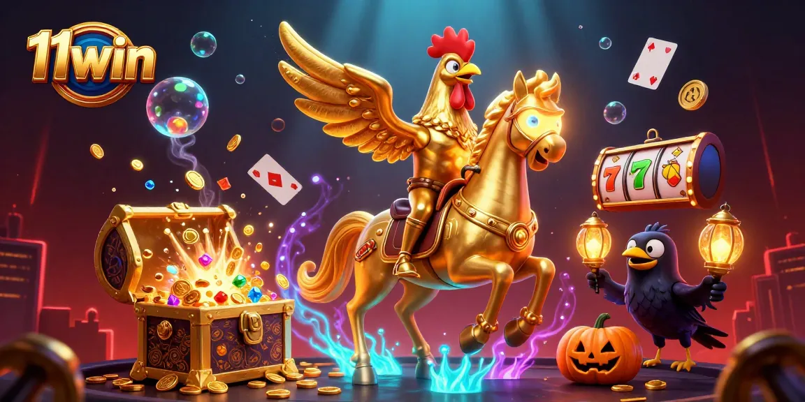 Experience the thrill of 11win with an enchanting casino scene featuring a golden rooster and glowing treasures.