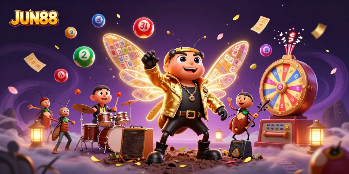 Engage in thrilling lottery action with JUN88 as a cicada rock star and vibrant casino elements.