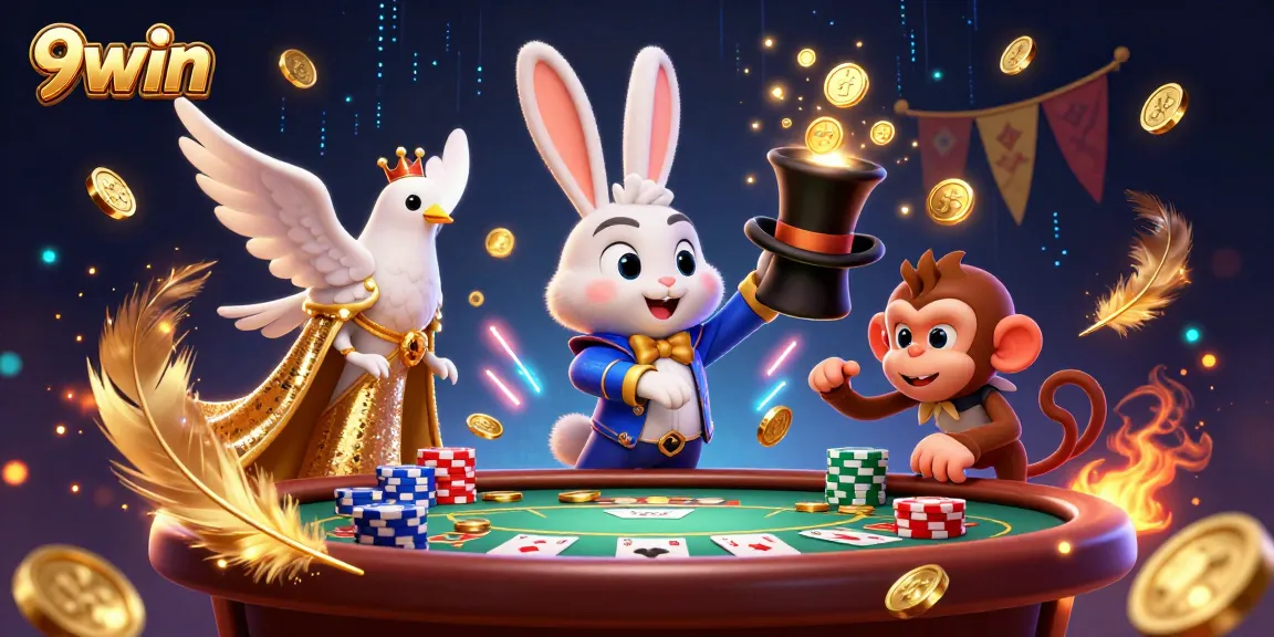 Join in the excitement at 9win as the magician rabbit conjures poker chips amidst dazzling casino magic.
