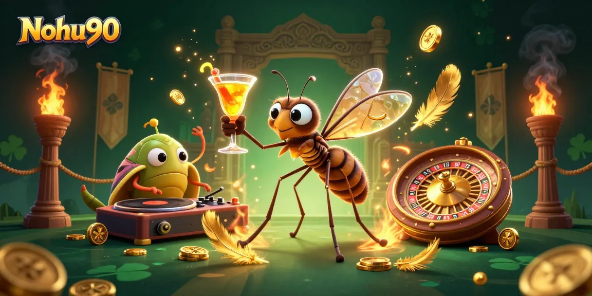 Nohu90 mascot charms as a frozen mosquito with golden cocktail, amid a lively casino backdrop.